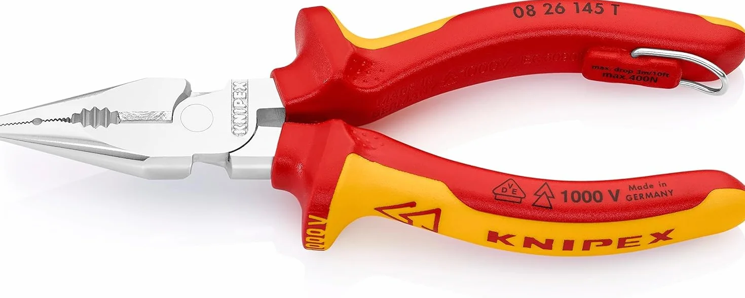 KNIPEX Szczypce uniwersalne z ostro zakończonymi szczękami chromowany z wielokomponentowymi nasadkami izolowanymi wg VDE 145 mm, 08 26 145 T