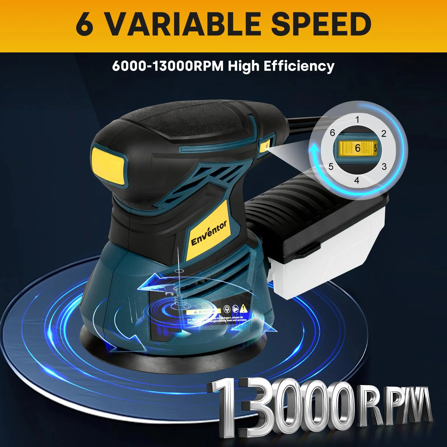 Enventor Szlifierka do drewna 350 W, elektryczna szlifierka oscylacyjna z 6 zmiennymi prędkościami, 6000-13000 obr./min, 125 mm, 20 szt. (80, 120, 180, 240 grit), elektryczna szlifierka do drewna i