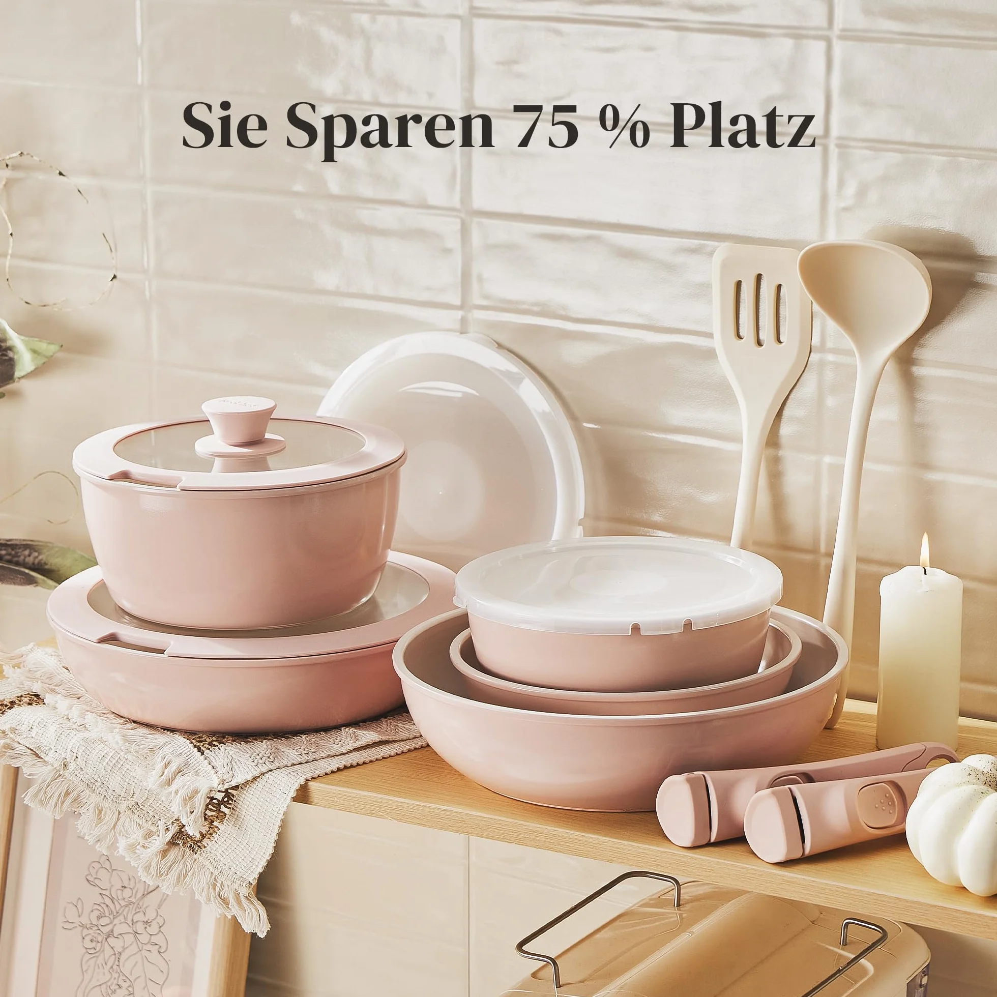 Redchef 16-cz ceramiczny zestaw garnków i patelni, nieprzywierający, nietoksyczny (bez PFAS/PFOA/PTFE), bezpieczny w zmywarce i piekarniku, z odczepianą rączką (różowy)