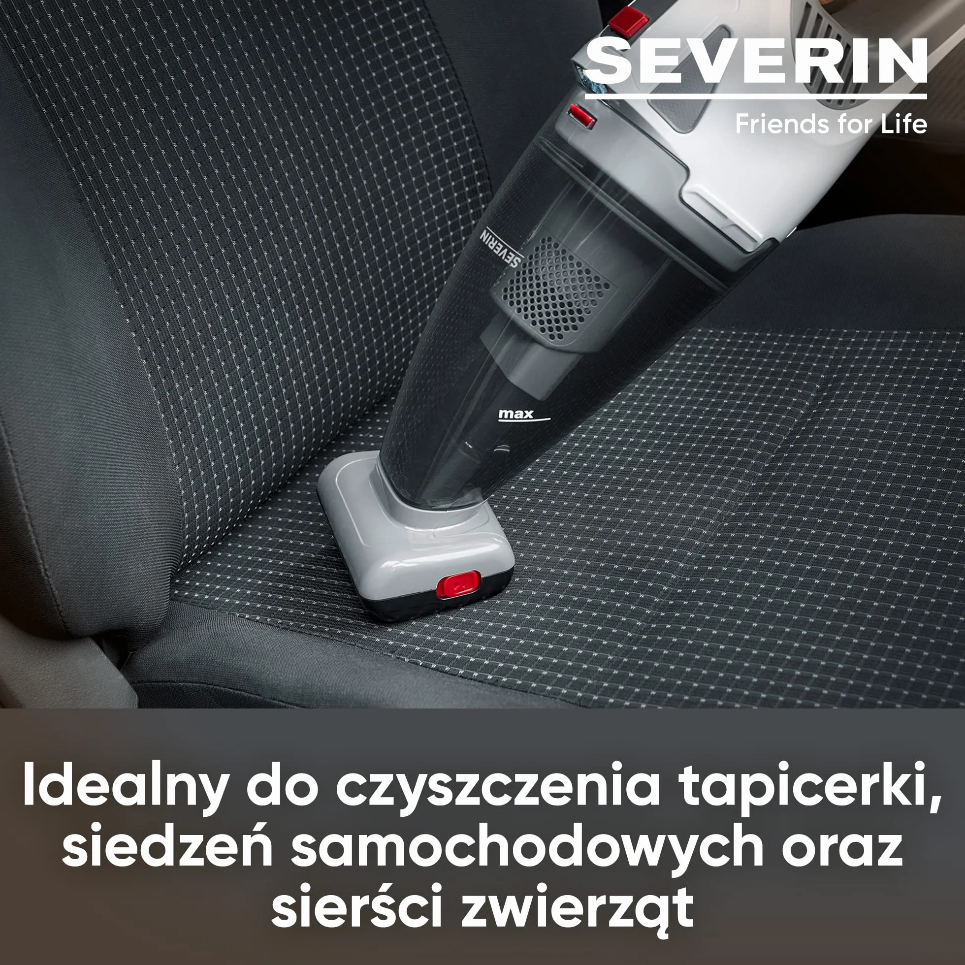 SEVERIN Bezprzewodowy odkurzacz ręczny 4w1, bezprzewodowy ręczny odkurzacz do samochodu, sierści zwierząt i płynów, czas pracy do 30 minut, obrotowa turboszczotka, biało-szary/czerwony, HV 7146