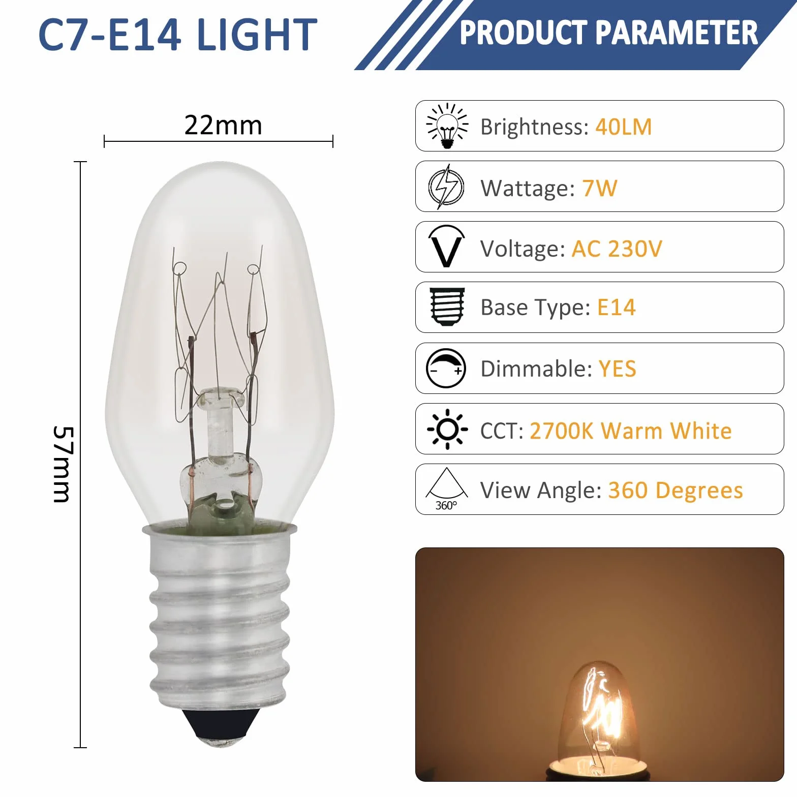 3 żarówki C7 E14 7 W, AC 230 V, 40 lm, możliwość ściemniania, ciepła biel 2700 K, żarówka zamienna do lampy solnej himalajskiej, lampy kryształowej soli, lampy z kamienia solnego, światło