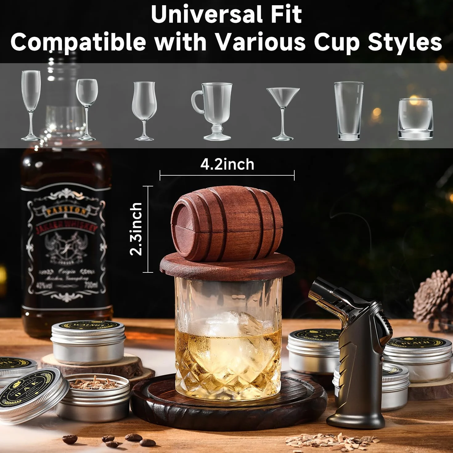 Zestaw do wędzarni whisky z latarką, 6 smaków, 2 szklanki, 2 foremki do lodów, zaparczacz do koktajli, staromodny zestaw do wędzania napojów, prezenty urodzinowe dla mężczyzn, taty