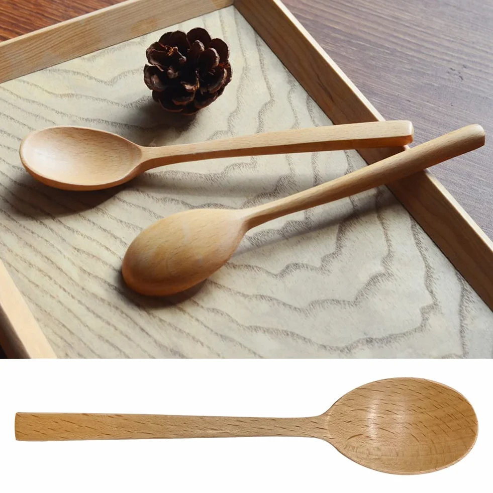 Zestaw drewnianych łyżek, 4 szt. 18 cm drewniana długa rączka łyżka drewniane sztućce łyżki łyżki stołowe japoński styl drewniane przybory kuchenne do jedzenia, mieszanie
