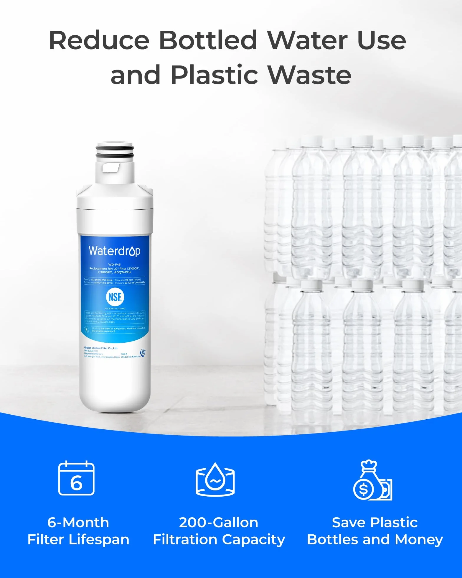 Waterdrop LT1000PC ADQ747935 MDJ64844601 filtr wody do lodówki, zamiennik dla LG® LT1000P®, ADQ74793501, ADQ74793502, Kenmore 46-9980, 9980, certyfikat NSF, opakowanie 3 szt
