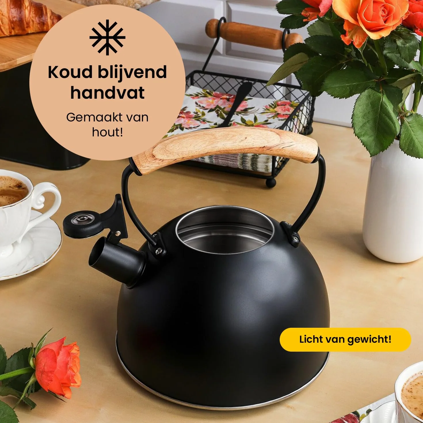 FLORINA Wooden czajnik na wodę, indukcyjny, do wszystkich rodzajów kuchenek, 2,3 l, stal nierdzewna, uchwyt drewniany, Cool-Touch, do kawy, szklanej, ceramicznej, gazowej, elektrycznej, czarny, 5C7084
