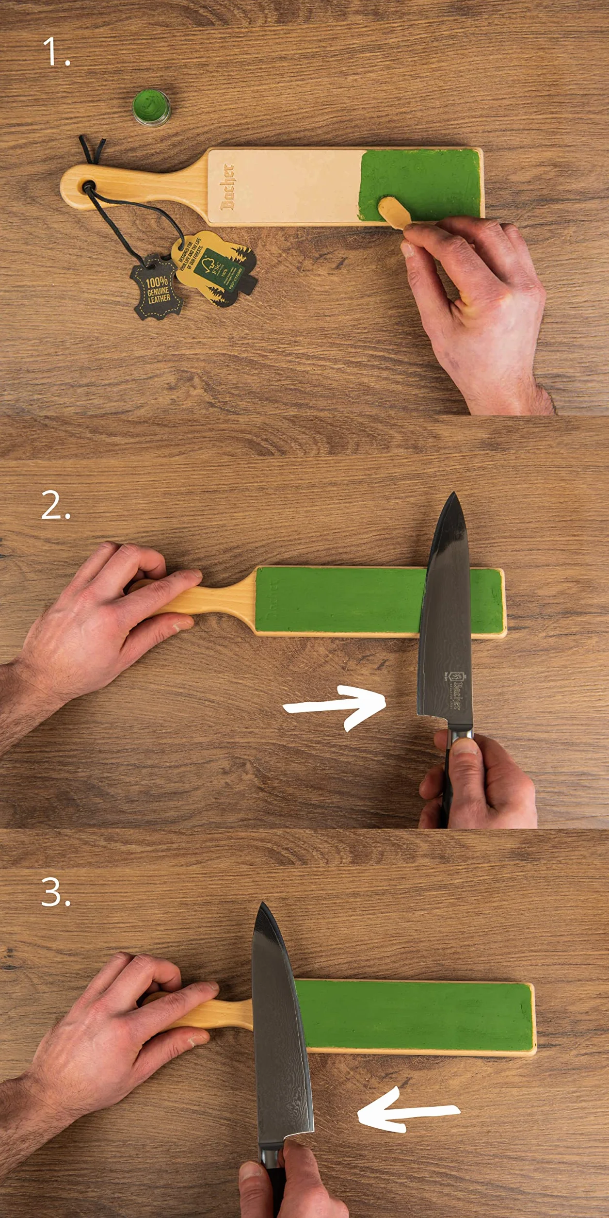 BACHER Zestaw DIY Strop – Skórzany Pas do Ostrzenia Noży z Pastami Polerskimi - 1/8" gruba, garbowana skóra bydlęca (206 mm x 56 mm), taśma klejąca 3M, 4 x 7 g zestaw past polerskich