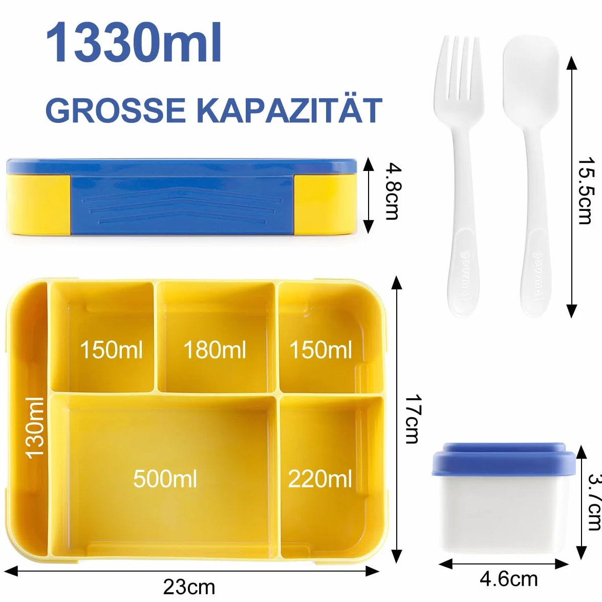YC Kitchen pudełko śniadaniowe, 1200 ml, z 5 przegródkami, szczelny lunchbox Bento ze sztućcami, nadaje się do mikrofalówki i zmywarki (w kolorze niebieskim)