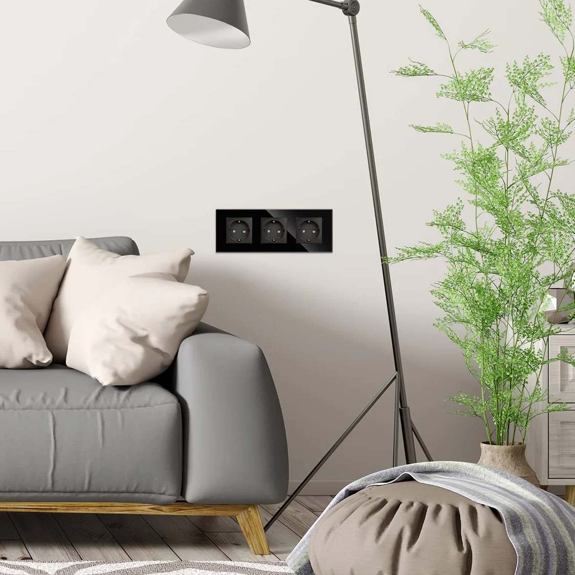 Potrójne gniazdo JIMEIDA w kolorze czarnym, 16A - Schuko szklane gniazdko ścienne - 228 x 86 mm, 250V, 3 gniazda