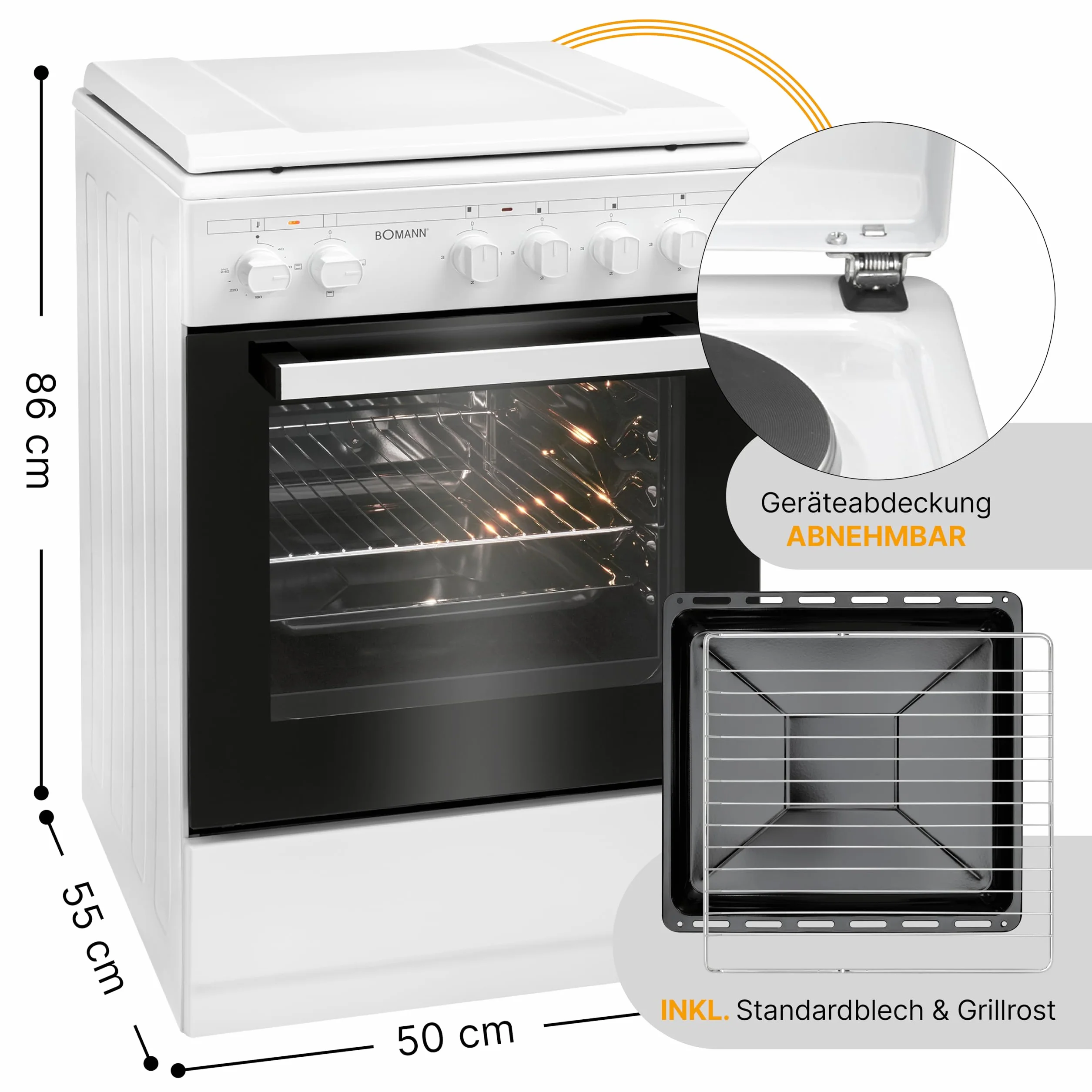 Bomann® Piekarnik 50 cm z kuchenką | kuchenka elektryczna wolnostojąca, 50 cm, z 4 palnikami, kuchenka stojąca z piekarnikiem 48 l, grzanie górne/dolne, 40°C – 240 °C, w zestawie blacha i ruszt do