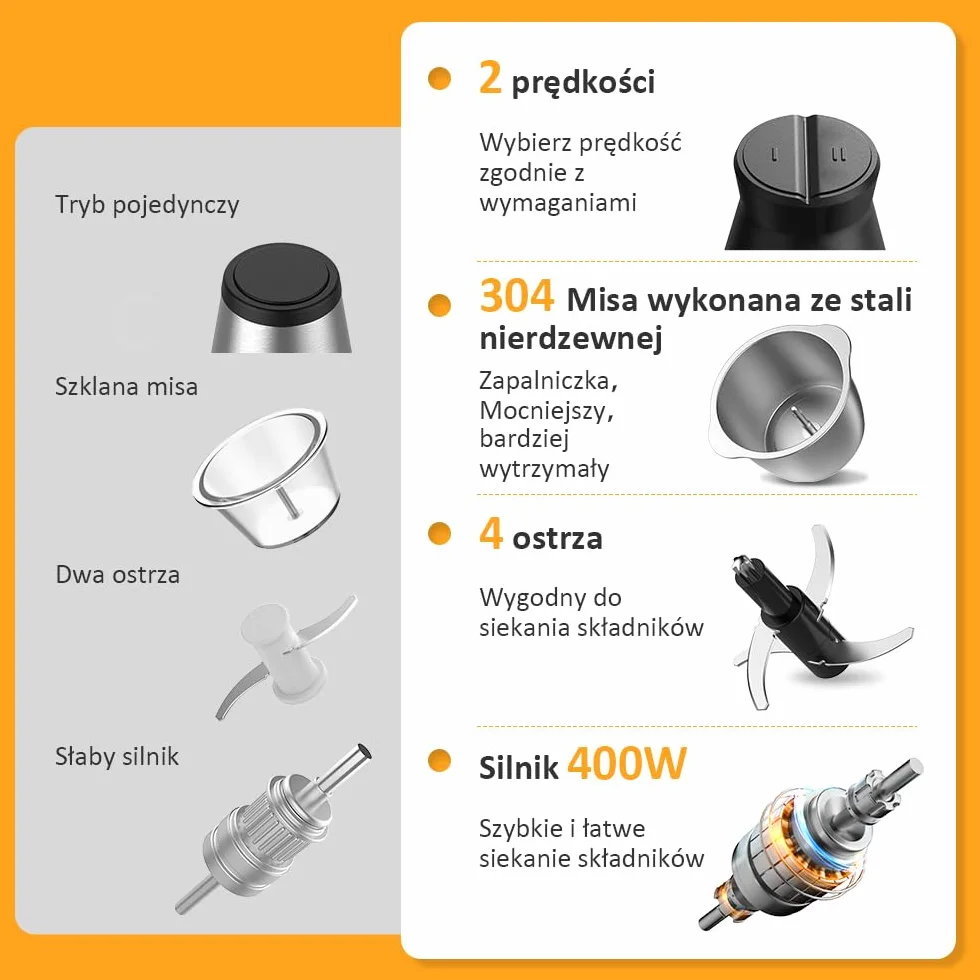 Rozdrabniacz kuchenny elektryczny z pojemnikiem ze stali nierdzewnej 1,2 l, elektryczny rozdrabniacz, wydajny uniwersalny rozdrabniacz z 4 ostrzami ze stali nierdzewnej, 400 W (wielorazowy)