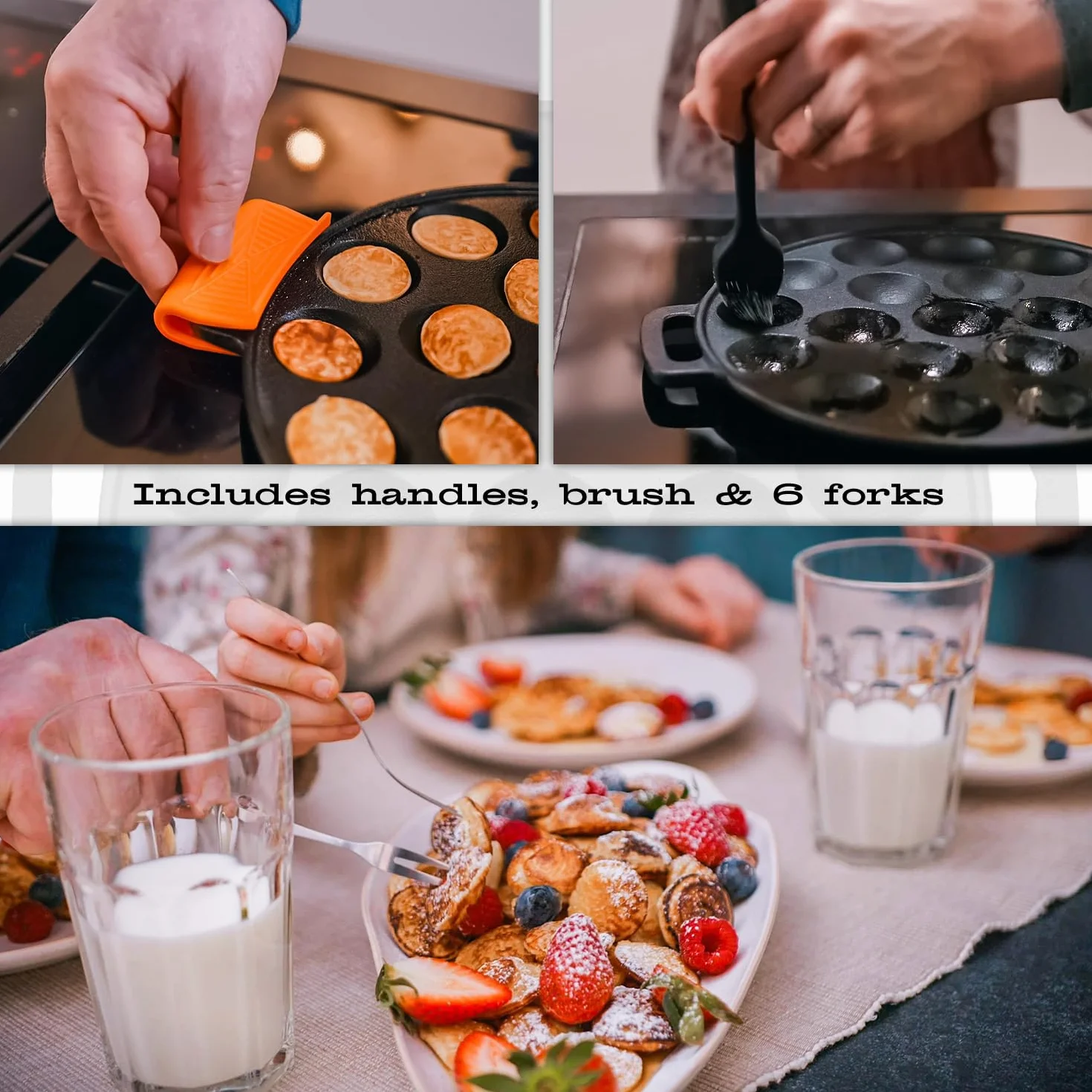 IRONO Żeliwna Patelnia do Poffertjes 19 Mini Naleśników z Pędzlem do Masła