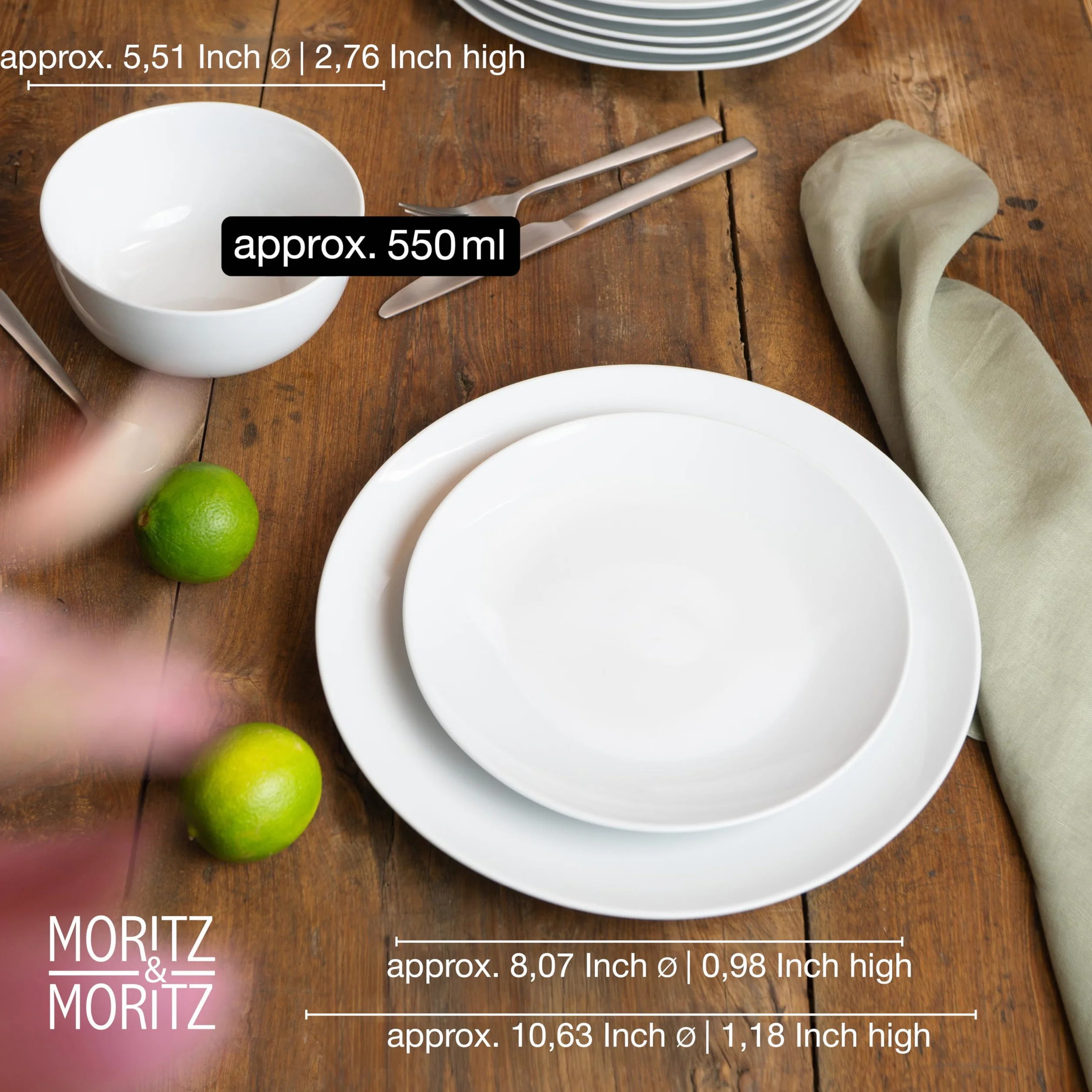 Moritz & Moritz BASIC 18-częściowy zestaw naczyń dla 6 osób, nowoczesny – z wysokiej jakości porcelany w klasycznej bieli – składający się z 6 talerzy obiadowych, 6 talerzy deserowych i 6 miseczek