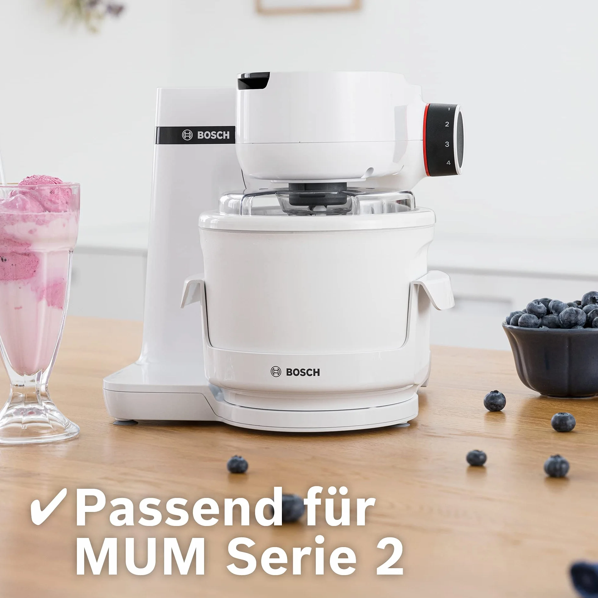 Bosch Maszyna do lodów MUZS2EB, 550 ml, samodzielnie wykonane lody, sorbet i mrożony jogurt, biała, pokrywka chroniąca przed rozpryskiwaniem z otworem do napełniania, pasuje do robota kuchennego Bosch