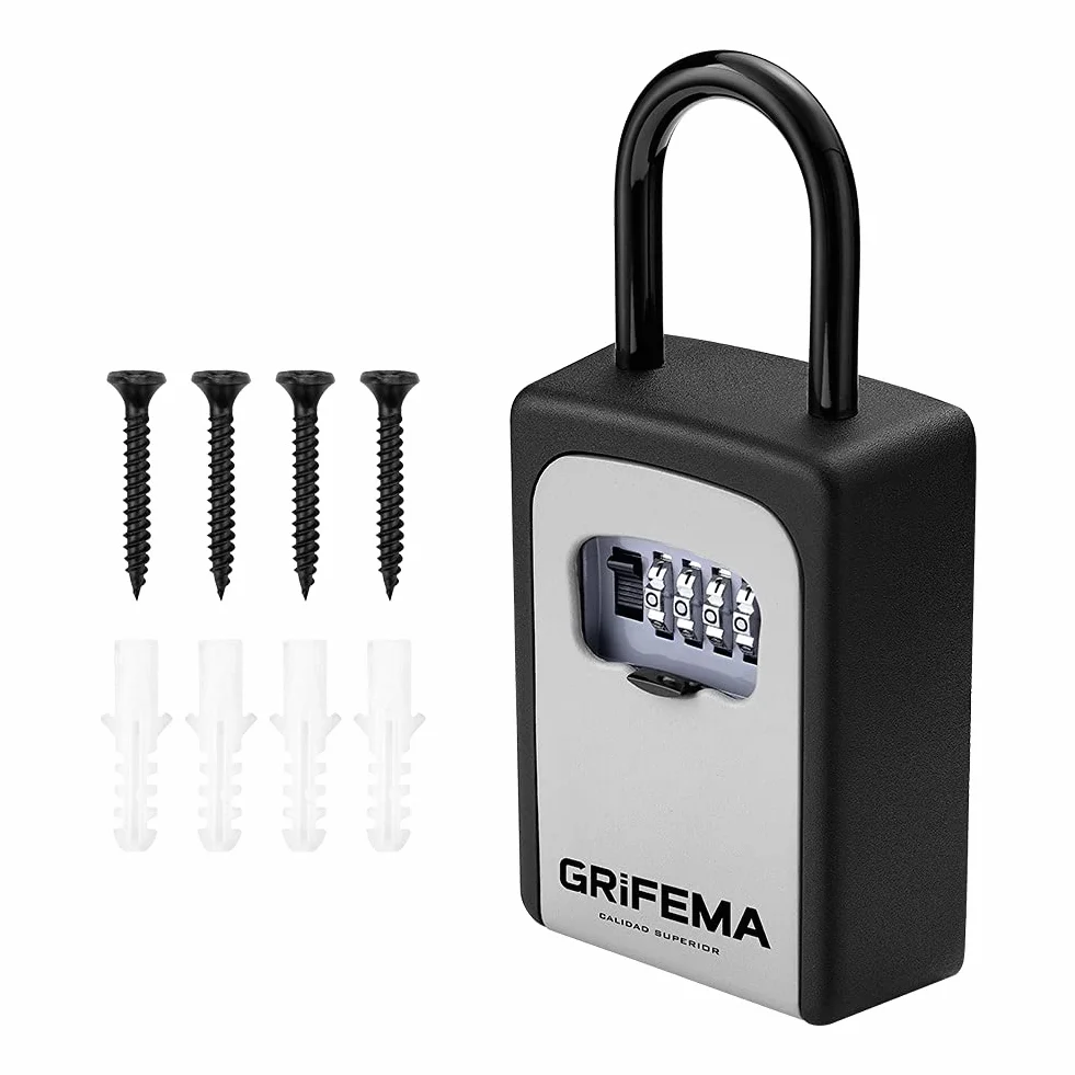GRIFEMA GA1004 Skrzynka na Klucze, Zamek Bezpieczeństwa, Szafka na Klucze z Hakiem, Do Domu, Biura, Garażu, 20 x 9 x 4 cm, Szara