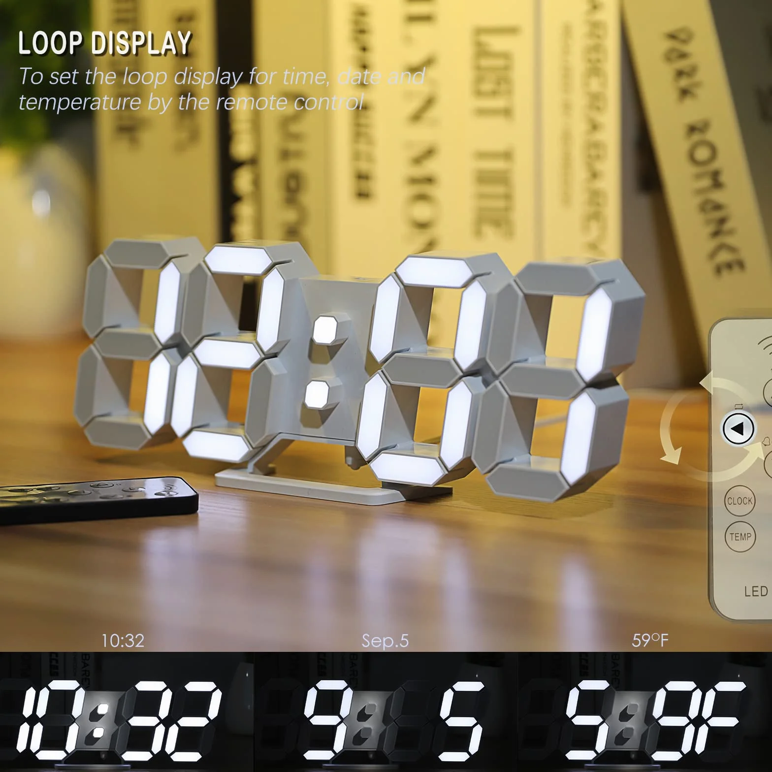 KOSUMOSU Zegar cyfrowy 3D LED zegar ścienny 24,6 cm, zegar stołowy, duży wyświetlacz, cyfrowy zegar ścienny, zegar biurkowy z pilotem zdalnego sterowania, temperatura 12/24 h (białe światło)