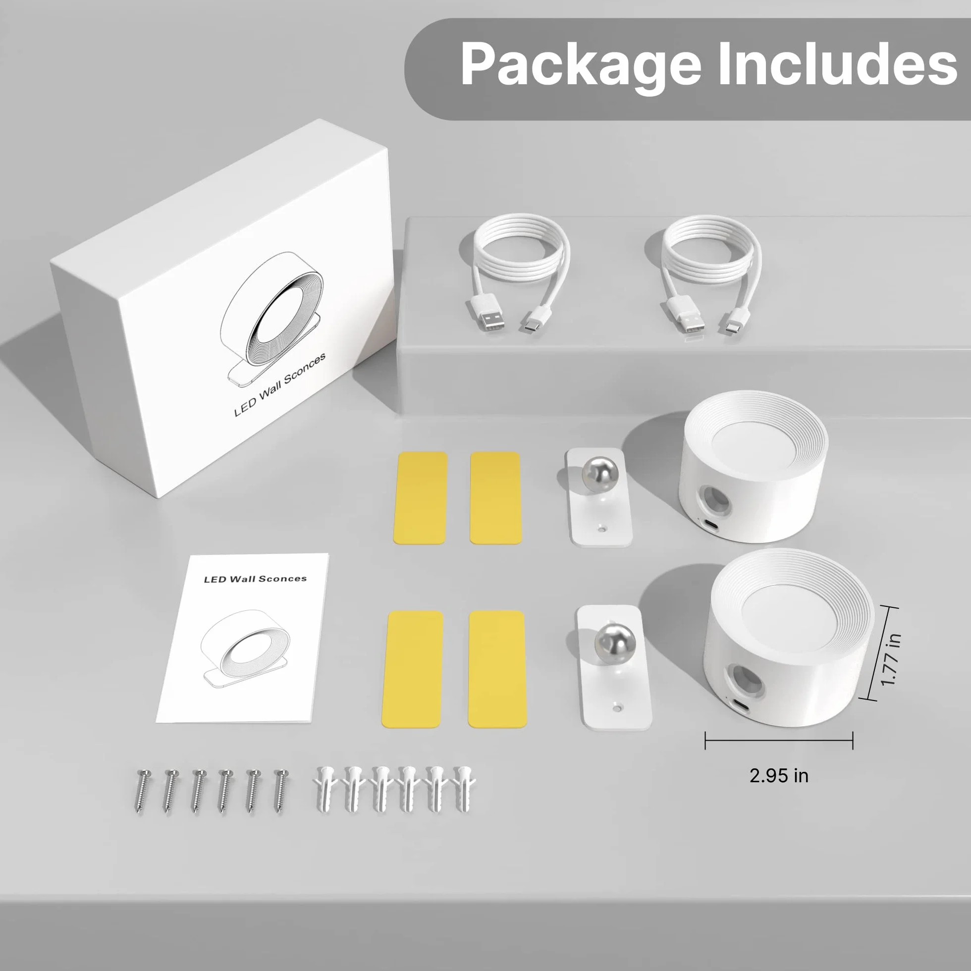 Mexllex Lampa ścienna do wnętrz, 2 sztuki, lampa ścienna z ładowaniem przez USB, 3 kolory i 3 poziomy jasności, lampa ścienna LED, do wnętrz, obracana o 360°, sterowanie dotykowe, bezprzewodowa lampa