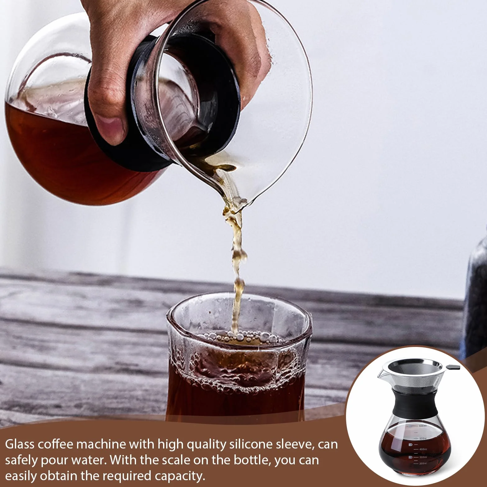 GOMETY Pour Over zaparzacz do kawy, 600 ml, szklany dzbanek borokrzemowy z dwuwarstwowym filtrem ze stali nierdzewnej, filtr permanentny, zaparzacz do kawy