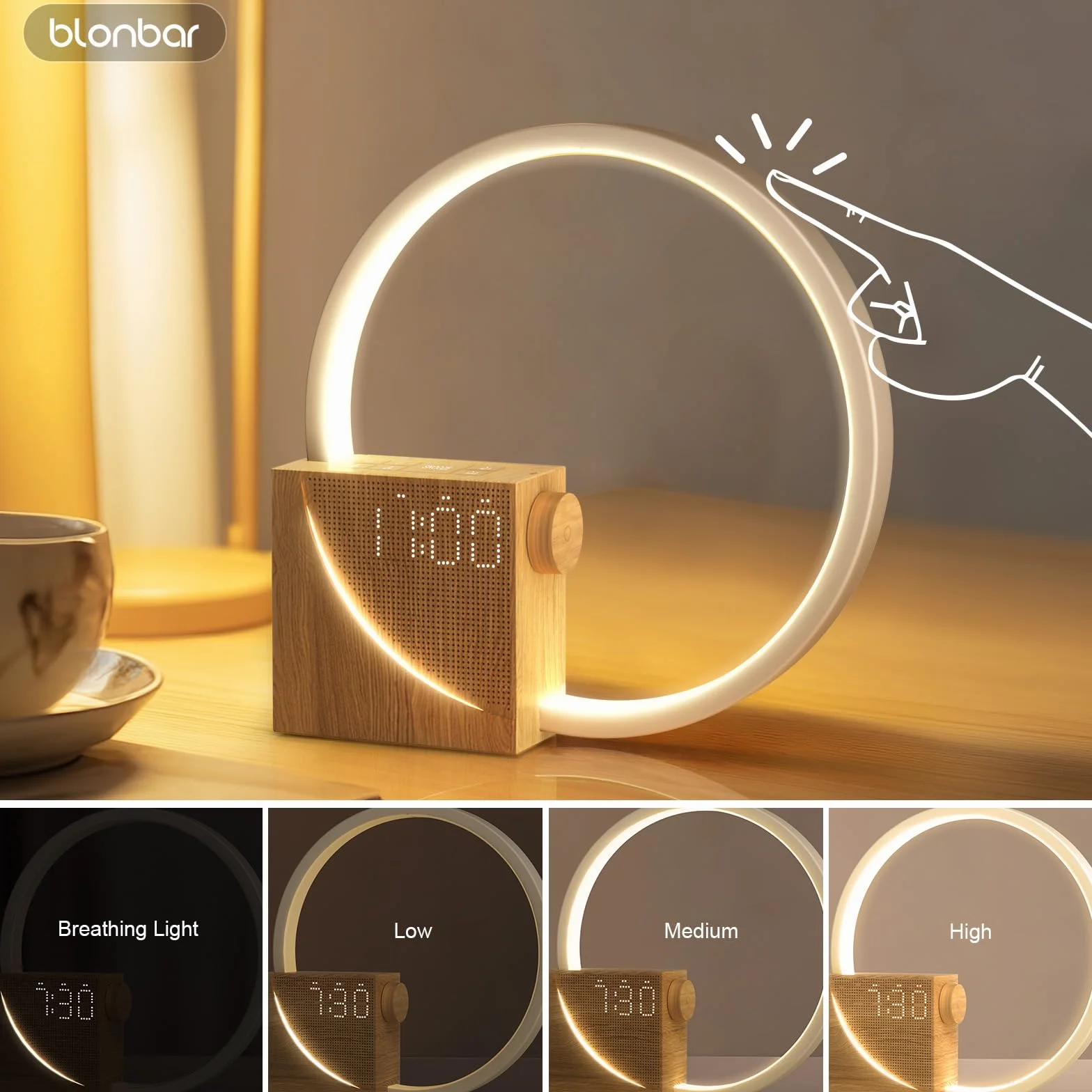 blonbar Lampka nocna z budzikiem świetlnym Wake Up, lampa stołowa z funkcją ładowania USB 10 W, sterowanie dotykowe, ściemniana,3 poziomy jasności
