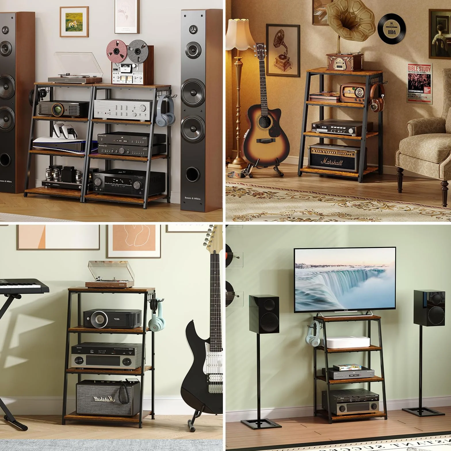TWSOUL 4-stopniowy regał HiFi, szafka na gramofon, drewniana i stalowa wieża audio, regał do gier z otwartymi półkami, do gramofonów i systemów stereo oraz instalacji kompaktowych, 48 x 36 x 80 cm