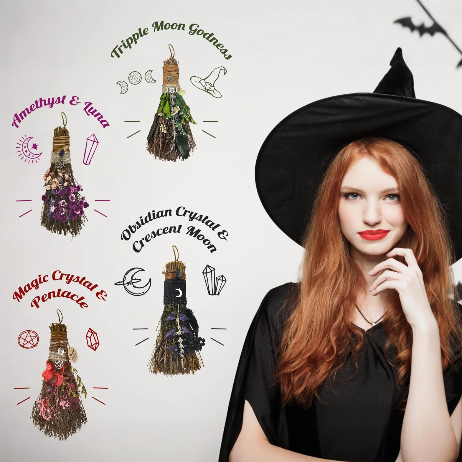 Miotła cynamonowa 19 cm, mini impreza tematyczna, dekoracyjna miotła z suszonymi kwiatami, miotła czarownica, wicca, naturalny magiczny kryształ, akcesoria na magiczne ceremonie, ręcznie robiona
