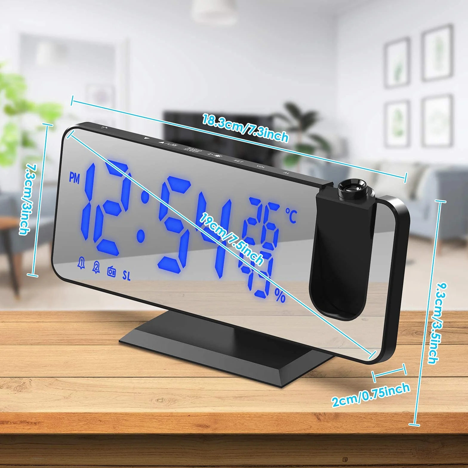 TAKRINK budzik cyfrowy z projekcją, 4 poziomy jasności, podwójny alarm 12/24 h, port USB