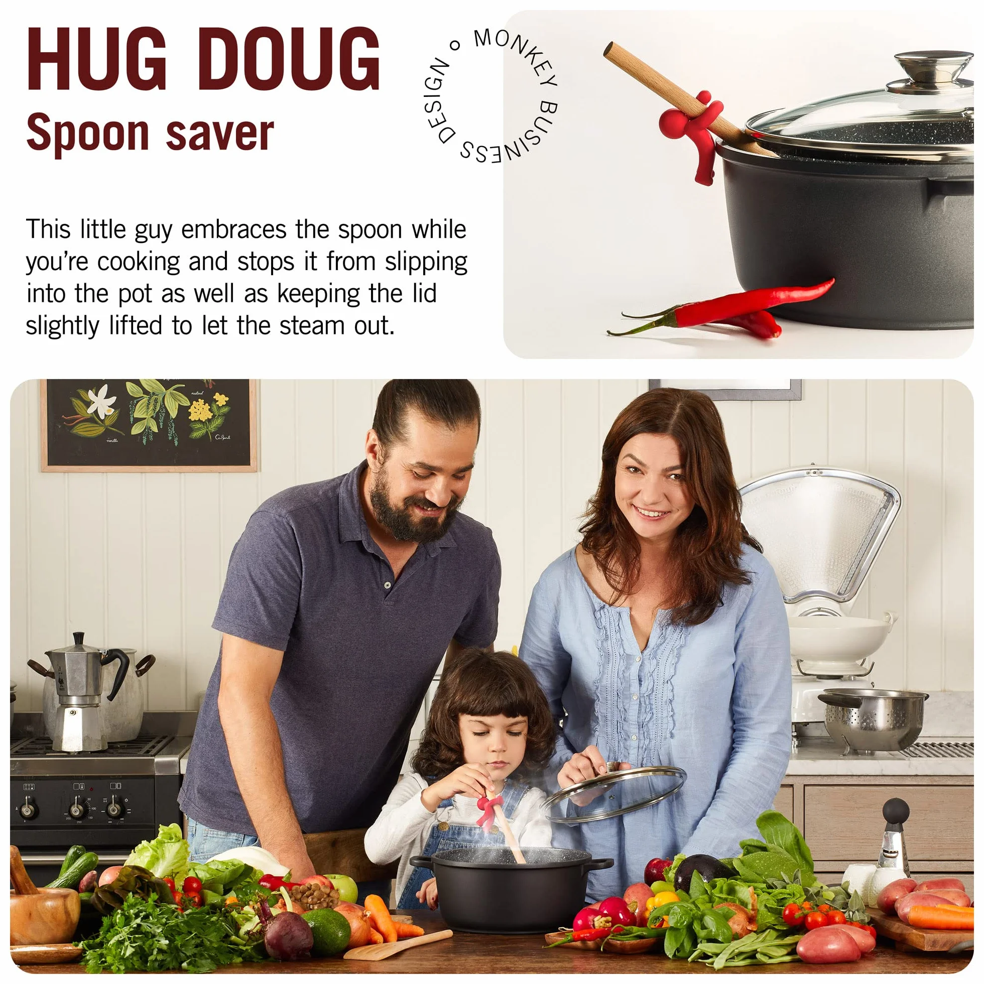 Hug Doug Łyżka Saver | Uchwyt na łyżkę i podnośnik pokrywy zapobiega wpadaniu łyżki | Silikonowa podpórka na łyżkę | Uchwyt na łyżkę kuchenną | Fajne gadżety kuchenne i urocze akcesoria kuchenne | by