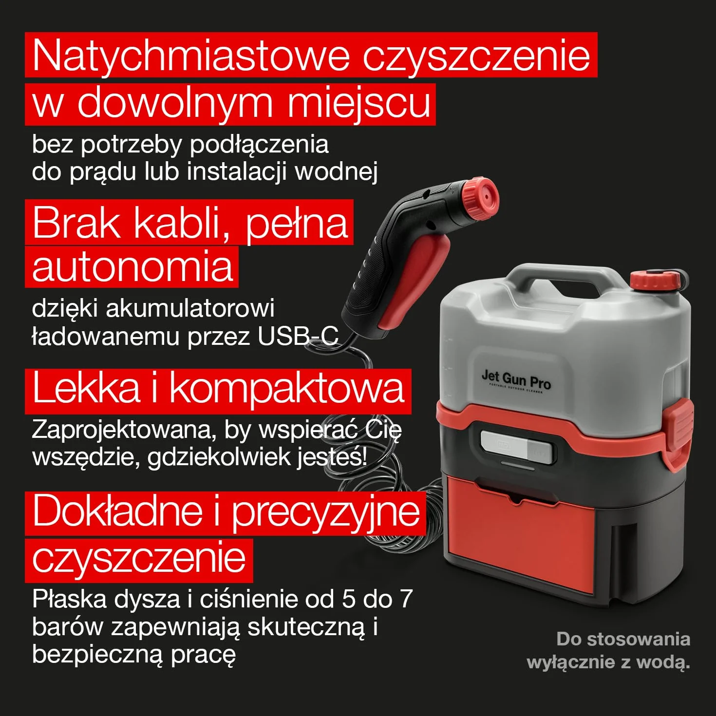 ERRECOM JET GUN PRO+, Przenośna Myjka Ciśnieniowa zasilana akumulatorem z szufladką na akcesoria, zbiornik na wodę 8 L, wąż spiralny 3 m, waga 2,9 kg