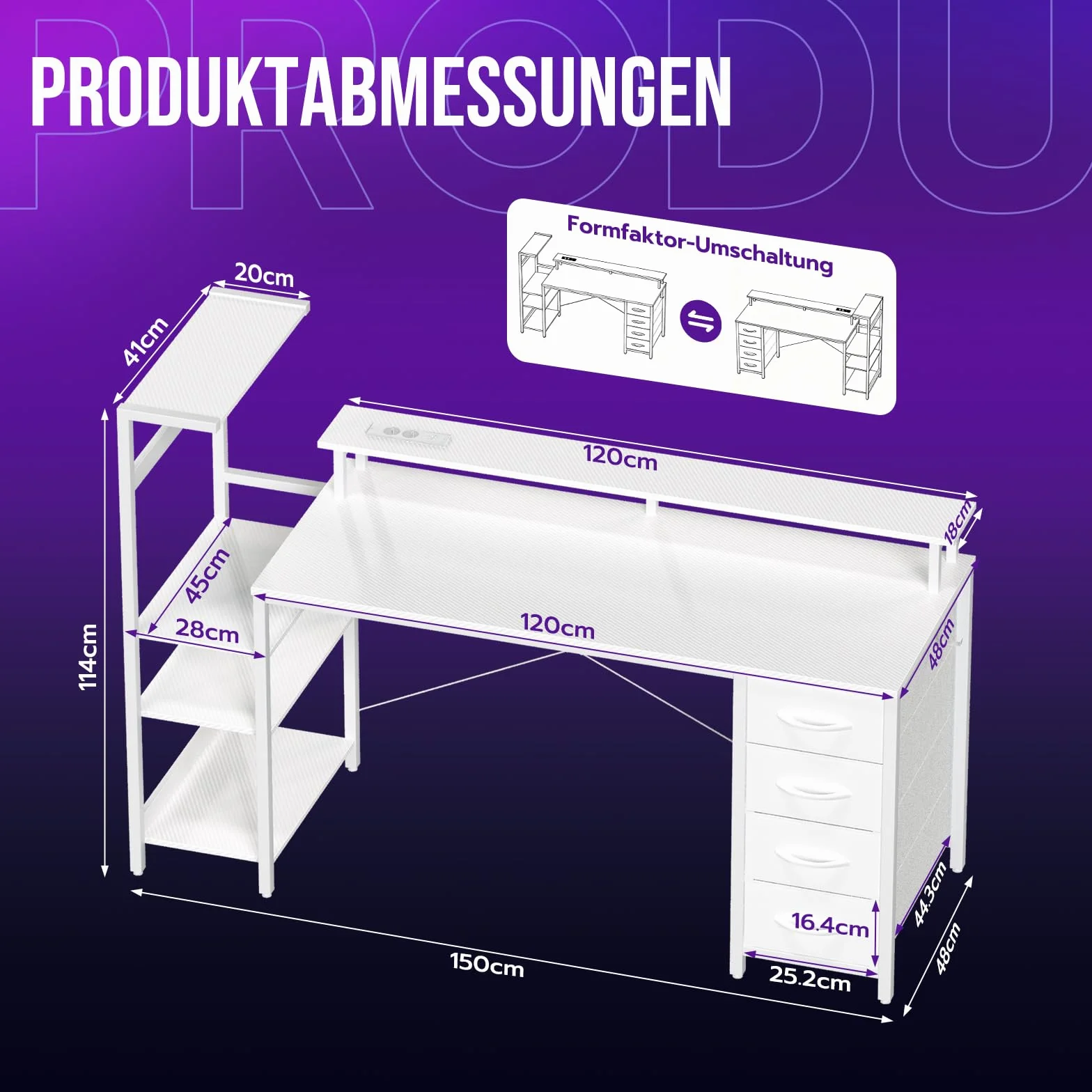 YOUDENOVA Stół gamingowy z oświetleniem LED i gniazdkiem, 150 x 50 cm, biurko gamingowe, biurko komputerowe z szufladami, włókno węglowe, biały