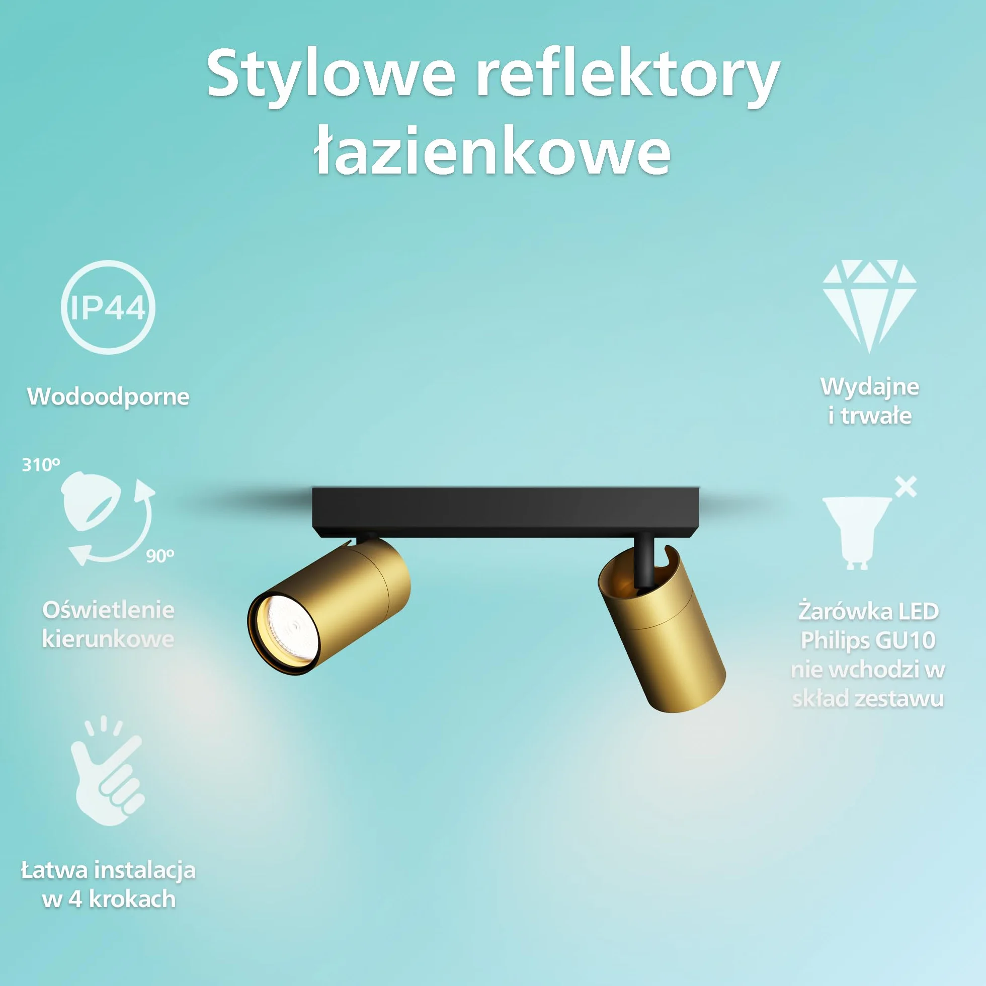 Philips Idris 2 głowicy, lampa GU10 nie wchodzi w zakres dostawy, mosiądz, IP44, wodoodporna