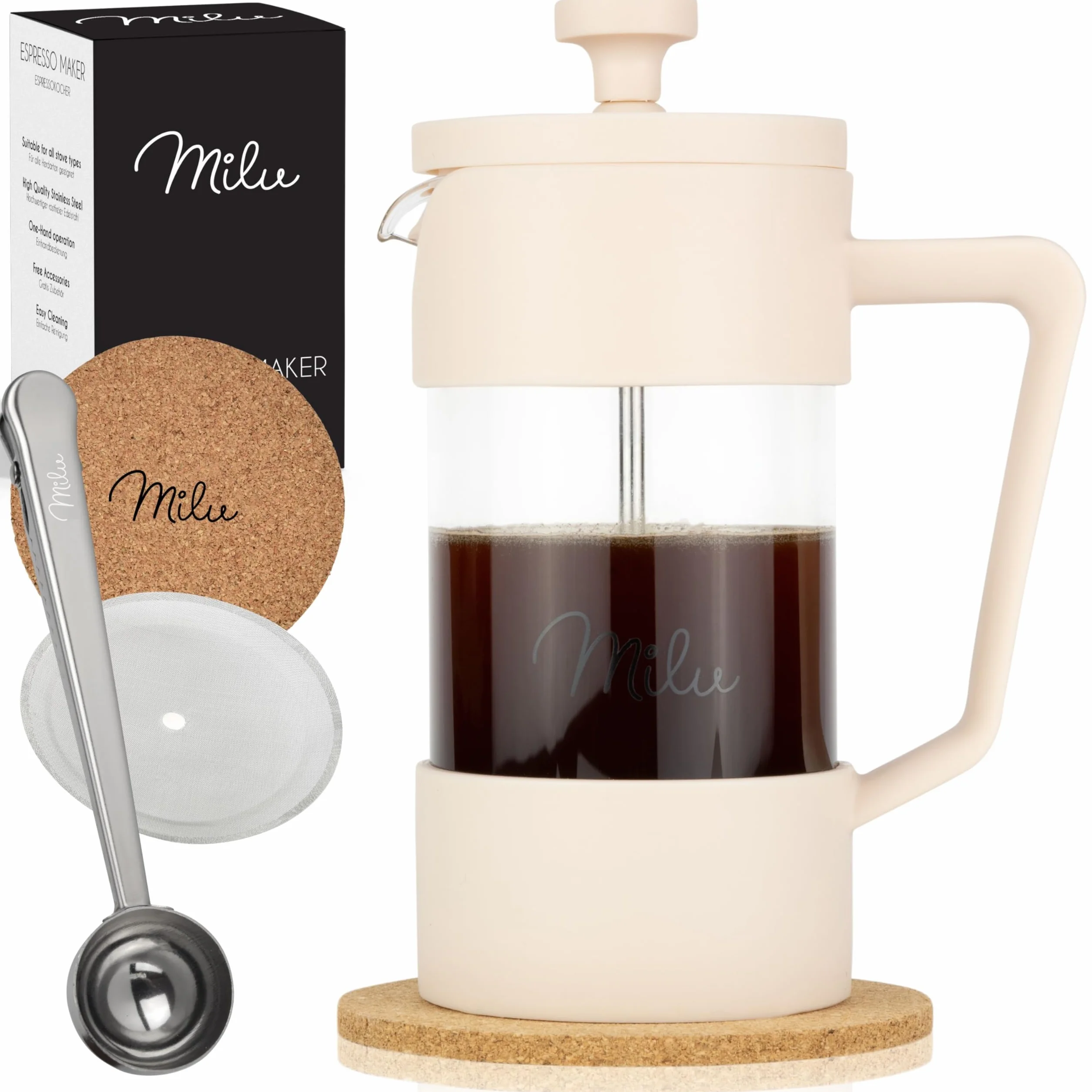 Milu French Press ekspres do kawy, 350 ml, 600 ml, 1 l, szklany ekspres do kawy, do domu, podróży, na kemping, w zestawie podstawka, łyżka, filtr zastępczy (beżowy, 350 ml (2 filiżanki)