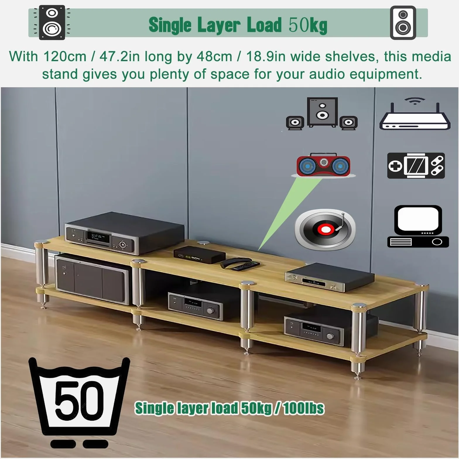 Stojak stereo do małych przestrzeni, regał na komponenty audio, wieża, stojak na media stereo, półka na sprzęt, studio / salon / stojak odbiornika kina domowego (120 x 48 x 85 cm (47 x 20 x 33 cali)