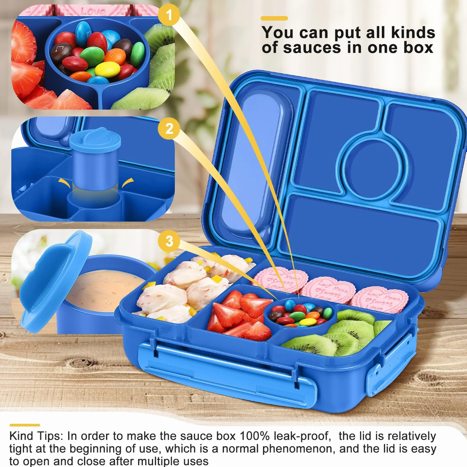 Amathley Bento Lunch Box Dla Dzieci,Pudełko na Lunch Dla Dzieci/Dorosłych,1300ML Szczelne Lunch,ze Pudełko Na Sos i 5 Przegródkami,Nbez BPA, Można Używać w (Ciemnoniebieski)