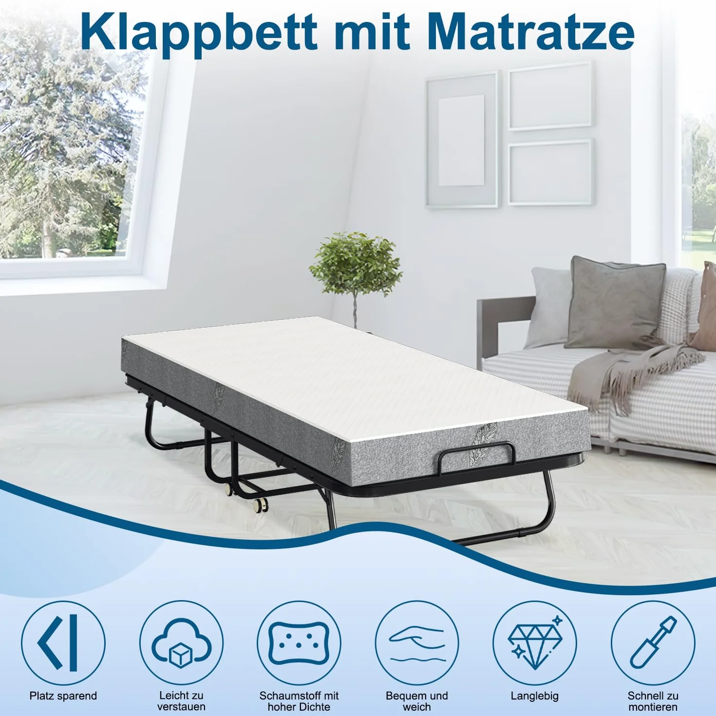 ISOSIL Łóżko składane 90x200cm dla gości, składane z 13CM materacą z pianki, składane łóżko z metalową ramą, łoże składane z kółkami, składane metalowe łóżko o ładowności 200 kg, szczotkowane