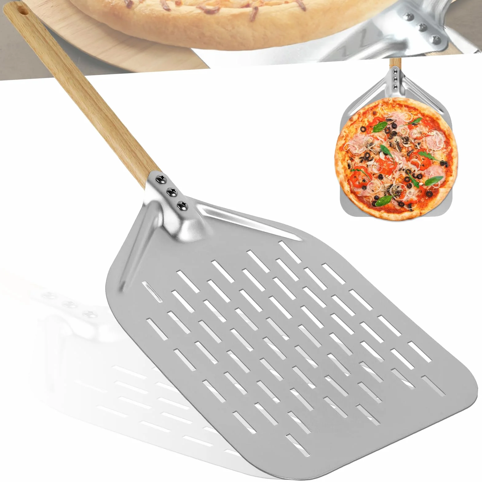 HOMURY Perforowana łopatka do pizzy 30 cm ze zdejmowanym uchwytem z twardego anodowanego aluminium