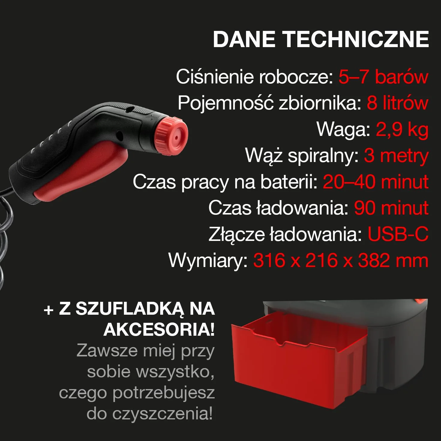 ERRECOM JET GUN PRO+, Przenośna Myjka Ciśnieniowa zasilana akumulatorem z szufladką na akcesoria, zbiornik na wodę 8 L, wąż spiralny 3 m, waga 2,9 kg