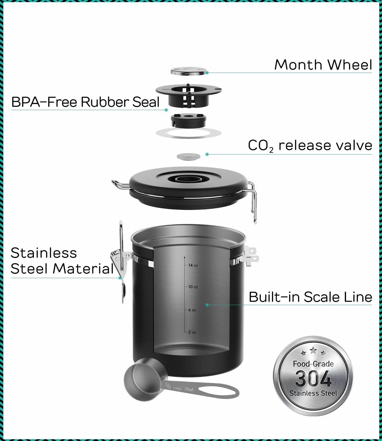 Coffee Gator Stainless Steel Coffee Grounds and Beans Container Canister with Date-Tracker, CO2-Release Valve and Measuring Scoop, Medium, Black