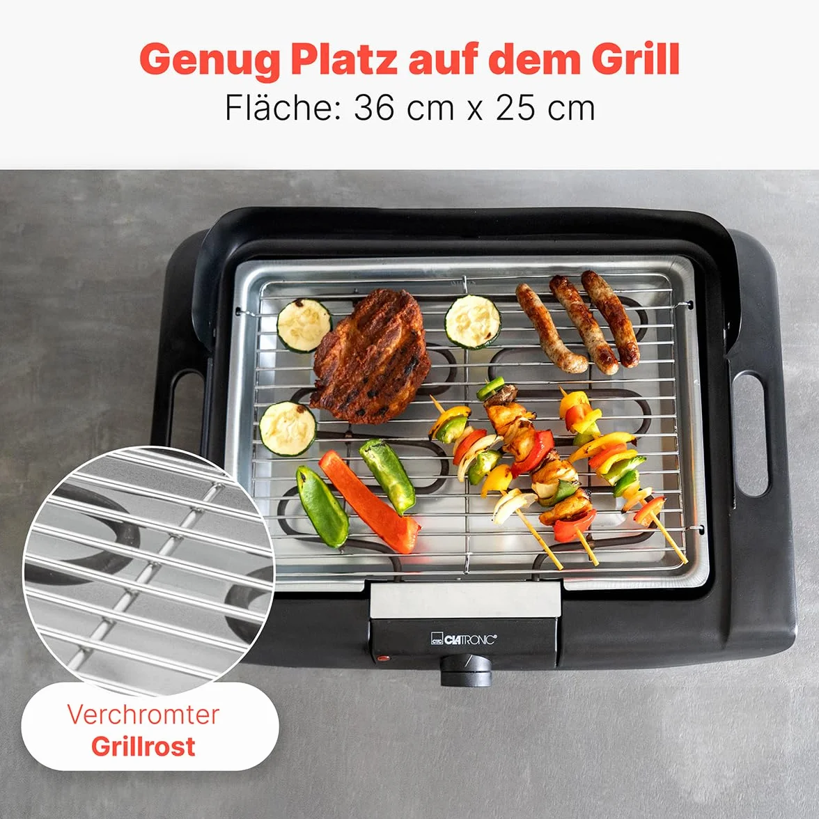 Clatronic BQ 3507 grill stołowy, chromowany ruszt do grilla, metalowa tacka na wyłapywanie, ochrona przed wiatrem, obudowa Cool Touch, czarny, 2000 W