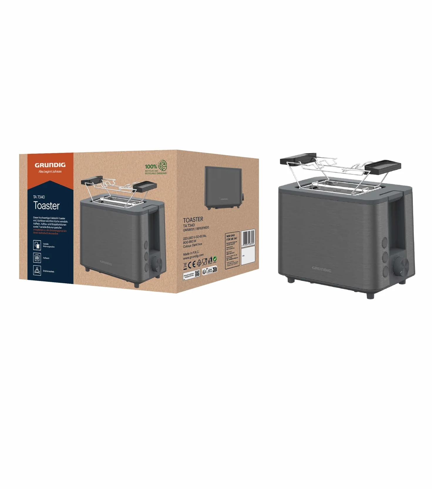 Grundig TA 7340 toster, moc 950 W, automatyczna funkcja pop-up i centrowanie chleba, zmienny stopień opiekania, wyjmowana szuflada na okruchy, 2 przegródki do pieczenia, zwijanie kabla, Dark Inox