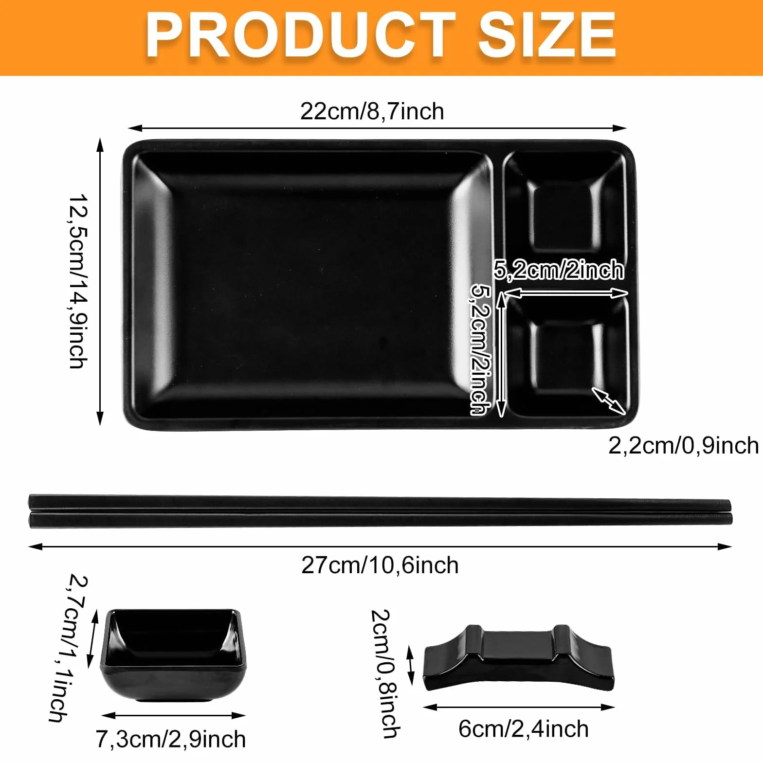 YAYODS 16-częściowy zestaw japońskich sushi czarny - japońskie naczynia z melaminy zawiera 4 pałeczki do sushi, 4 talerze do sushi (22 x 12,5 x 2,1 cm), 4 miseczki do dipów, 4 uchwyty na pałeczki