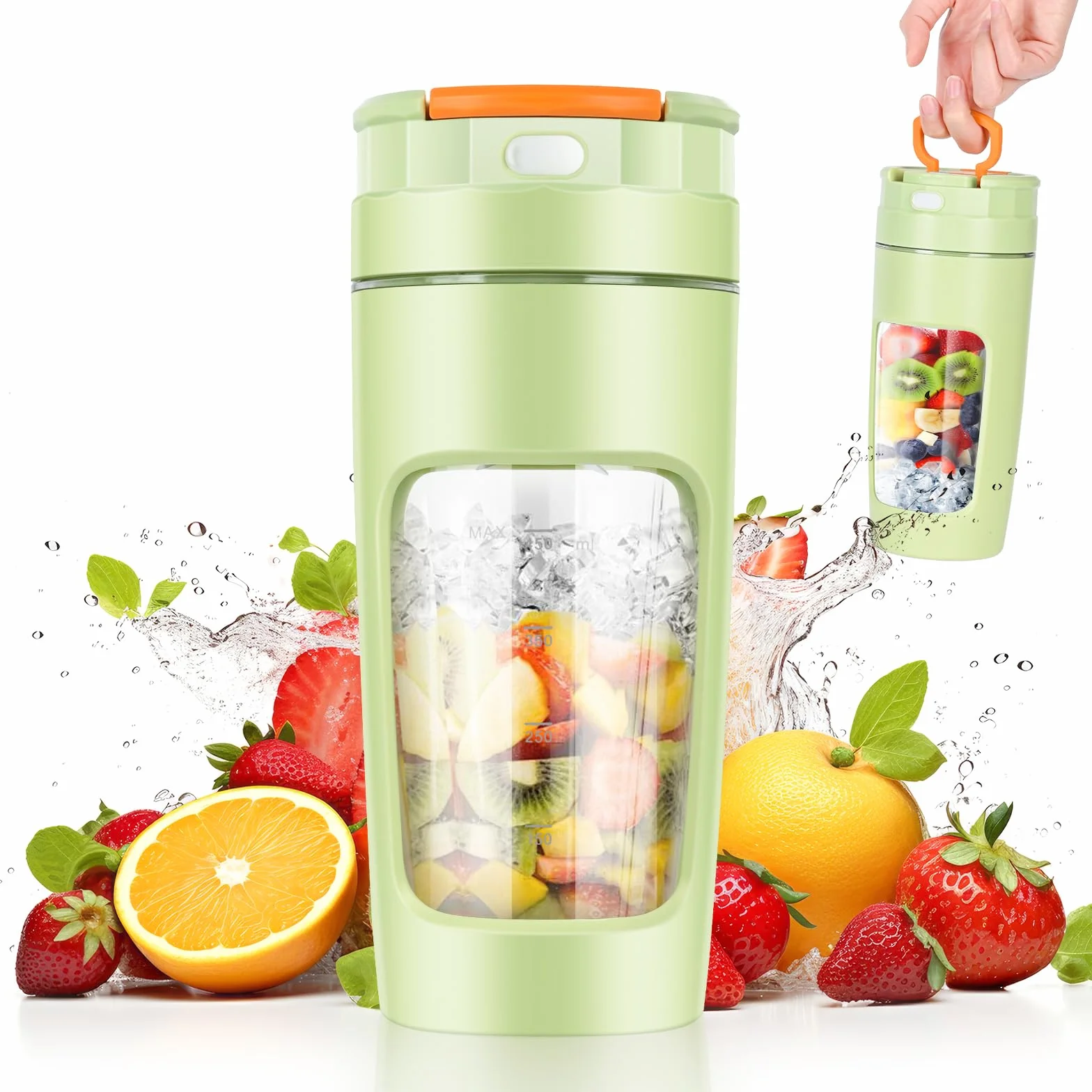 Lekki Przenośny Blender, ręczny mikser do owoców o pojemności 600 ml, mocny bezprzewodowy mini blender, z możliwością ładowania, smoothie, koktajle białkowe, kruszy lód i mrożone owoce (Zielony)