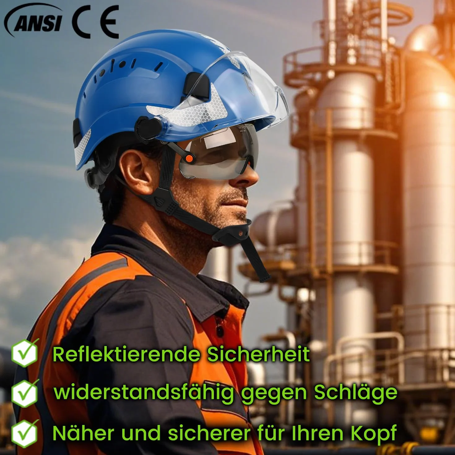 GREEN DEVIL EN397 & EN166 kask ochronny z certyfikatem przemysłowym z przyciemnianym + przezroczystym wizjerem | kask ochronny z podwójnym wizjerem do budownictwa, rzemiosła i przemysłu | wentylowany
