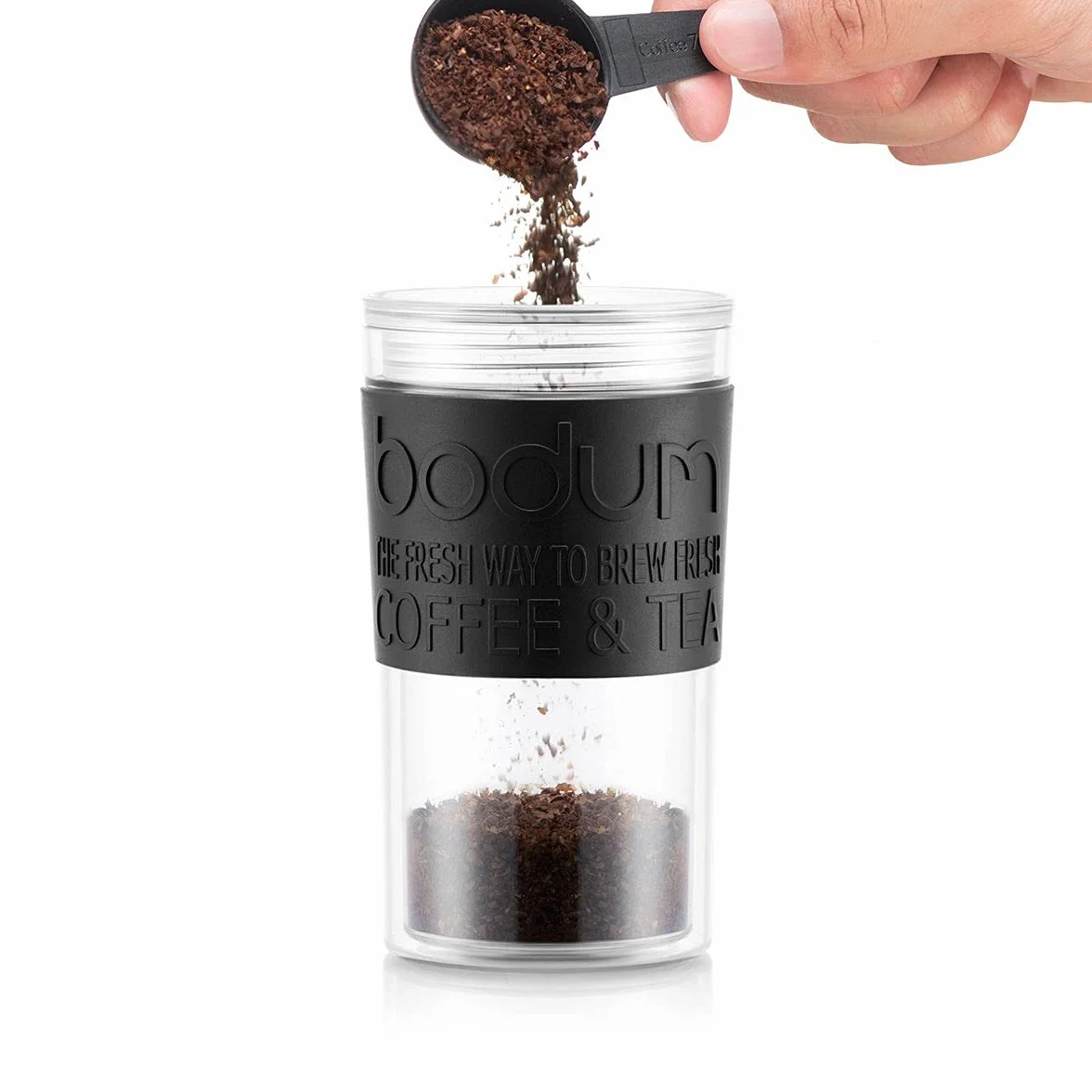 Bodum Izolowany kubek tłokowy 11102-01s z pokrywą na zawiasach, 0,35 litra, czarny, przezroczysty, plastikowy, 8,9 cm