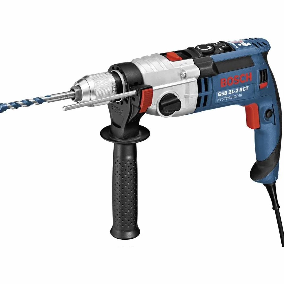 Bosch Professional: wiertarka udarowa GSB 21-2 RCT (Ø wiercenia w betonie: 13–22 mm, 1 300 W, uchwyt szybkozaciskowy: 13 mm, ogranicznik głębokości: 210 mm, rękojeść dodatkowa, walizka)