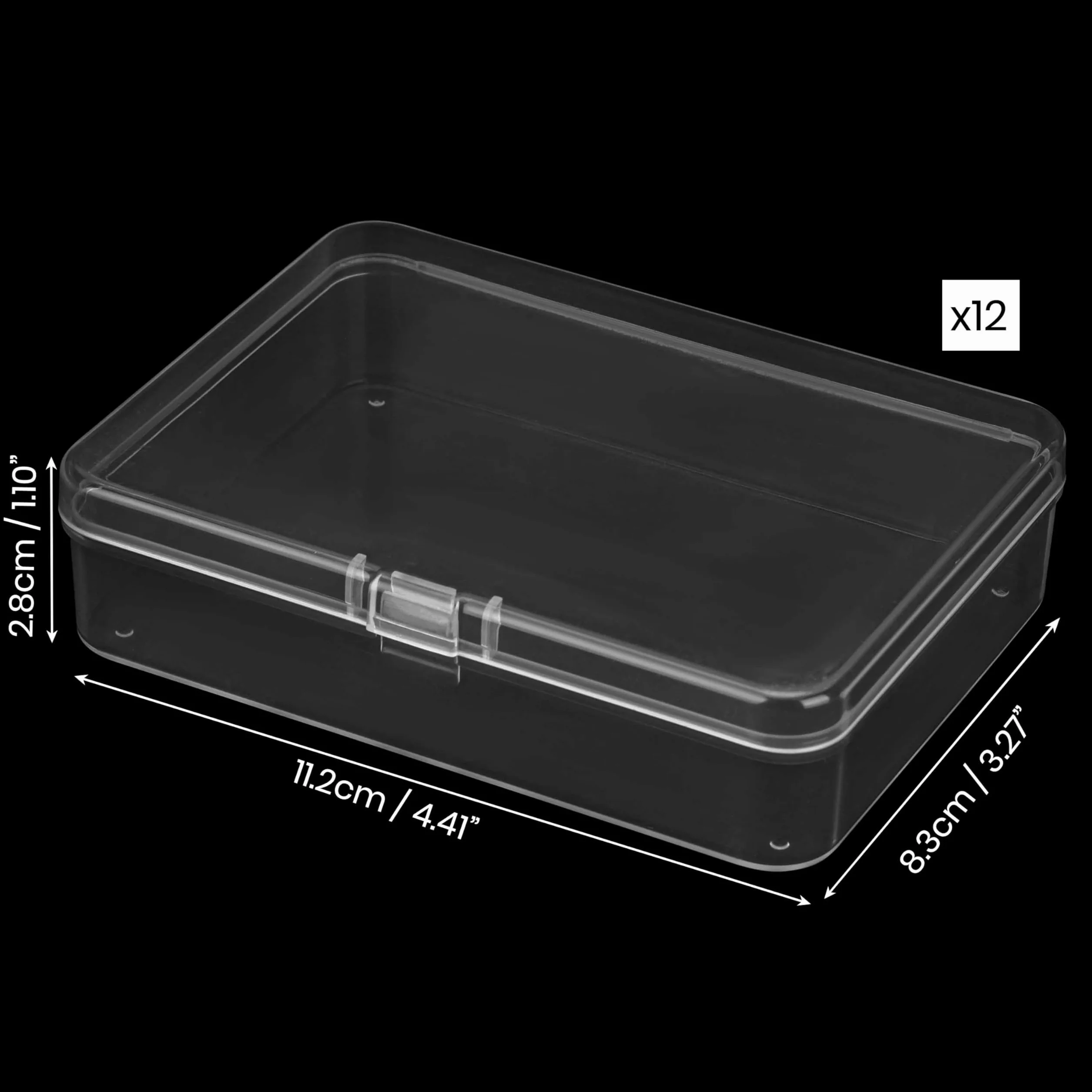 BELLE VOUS 12 małych przezroczystych plastikowych pojemników do przechowywania z pokrywą na zawiasach, 11,2 x 8,3 x 2,8 cm, mini pudełka na tabletki, koraliki, biżuterię i artykuły rzemieślnicze