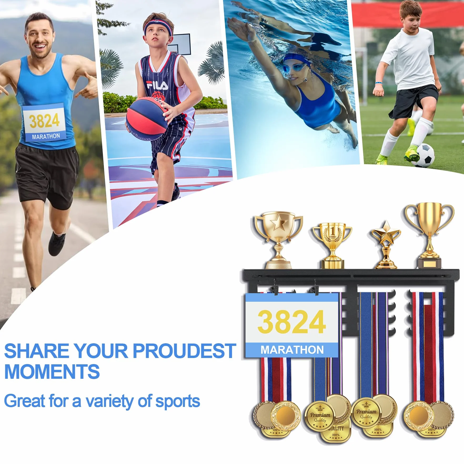 Uchwyt na medale na trofea, medale i numery startowe, regał na trofea z uchwytem na medale i numerem, regał do prezentacji nagród, montaż ścienny