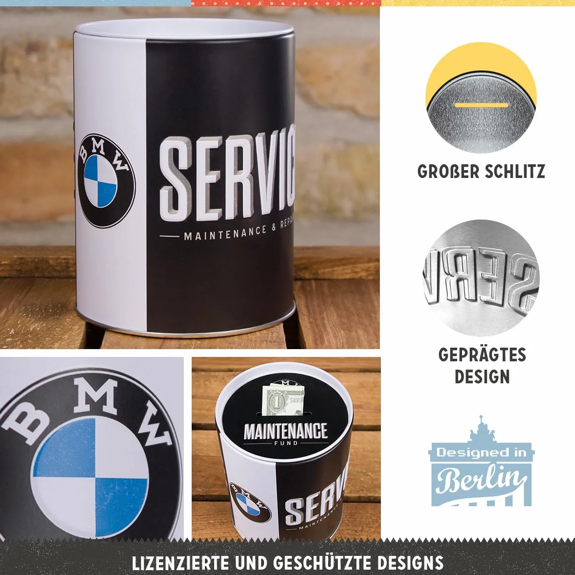 Nostalgic-Art Retro skarbonka, 1 l, BMW – Service – Pomysł na prezent dla miłośników BMW, Official License Product (OLP), metalowa skarbonka, Styl vintage