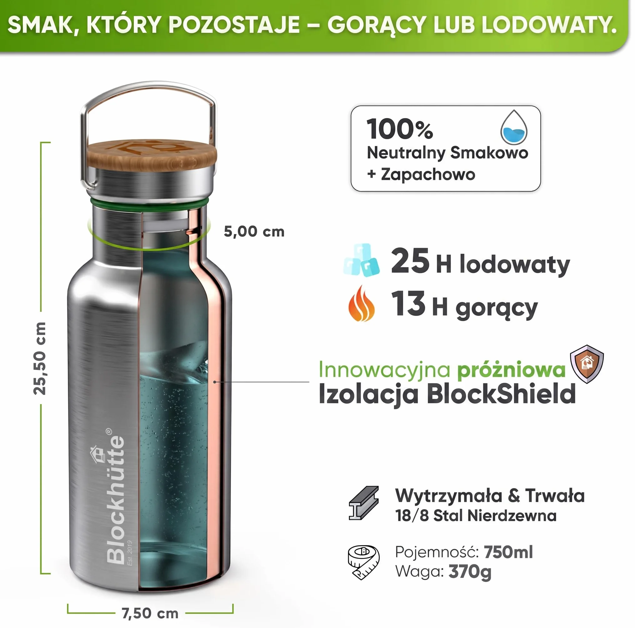Blockhütte. Butelka na napoje, ze stali nierdzewnej, premium, izolowana, 750 ml, z ekologiczną szczotką do czyszczenia butelki, zabezpieczona przed wyciekiem, nadaje się do zmywarki, do sportu, bez bisfenolu A