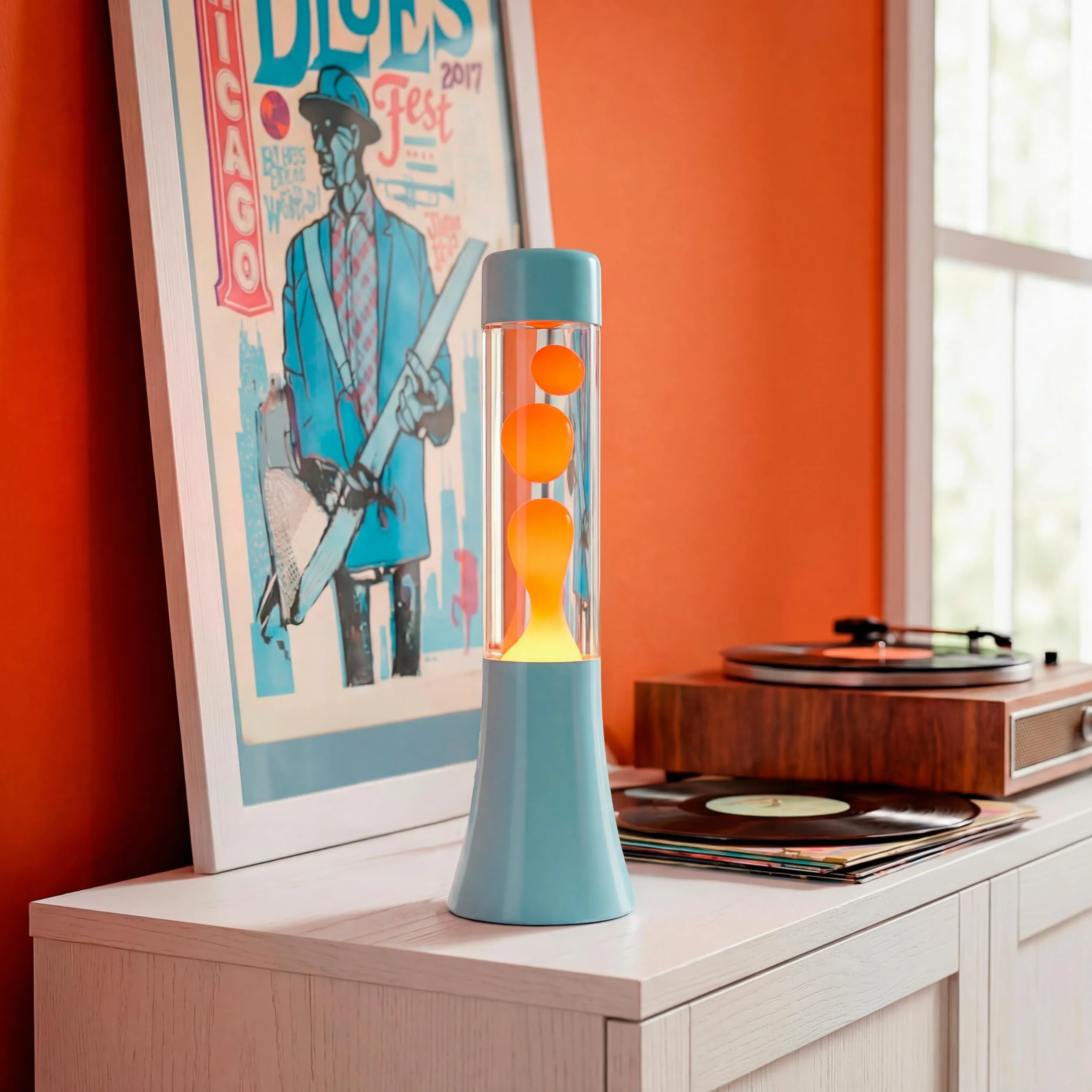 Fisura – Lampa lawa zielona 30 cm, lampa lawa relaksacyjna w stylu retro do domu, lampka dekoracyjna z niebieską podstawą i pomarańczowym płynem, oryginalny pomysł na prezent, 9 x 9 x 30 cm