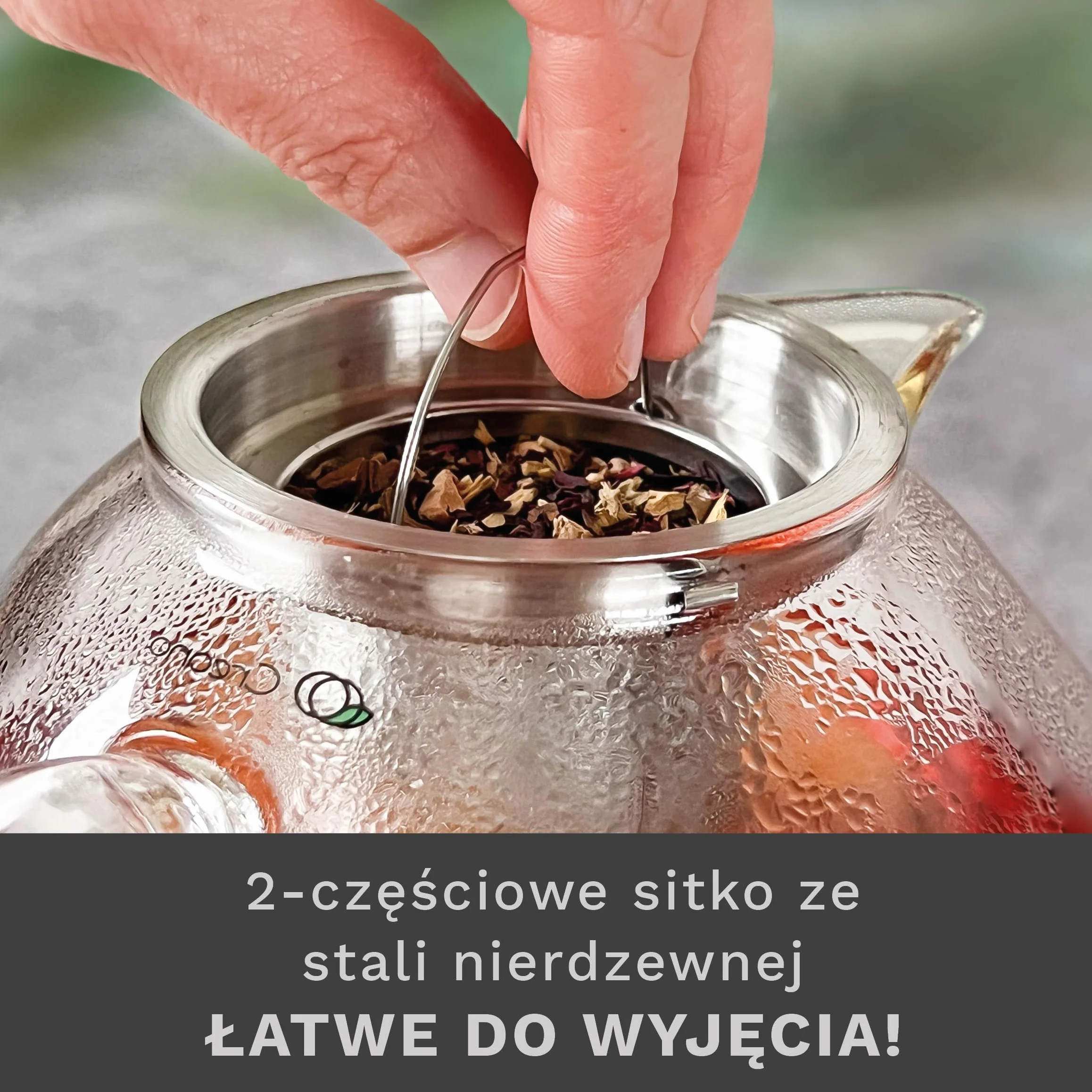 Creano czajniczek szklany 1,3l, 3-częściowy szklany czajniczek z wbudowanym durszlakiem ze stali nierdzewnej i szklaną pokrywką, idealny do przygotowywania luźnych herbat, zapobiegających kapaniu,