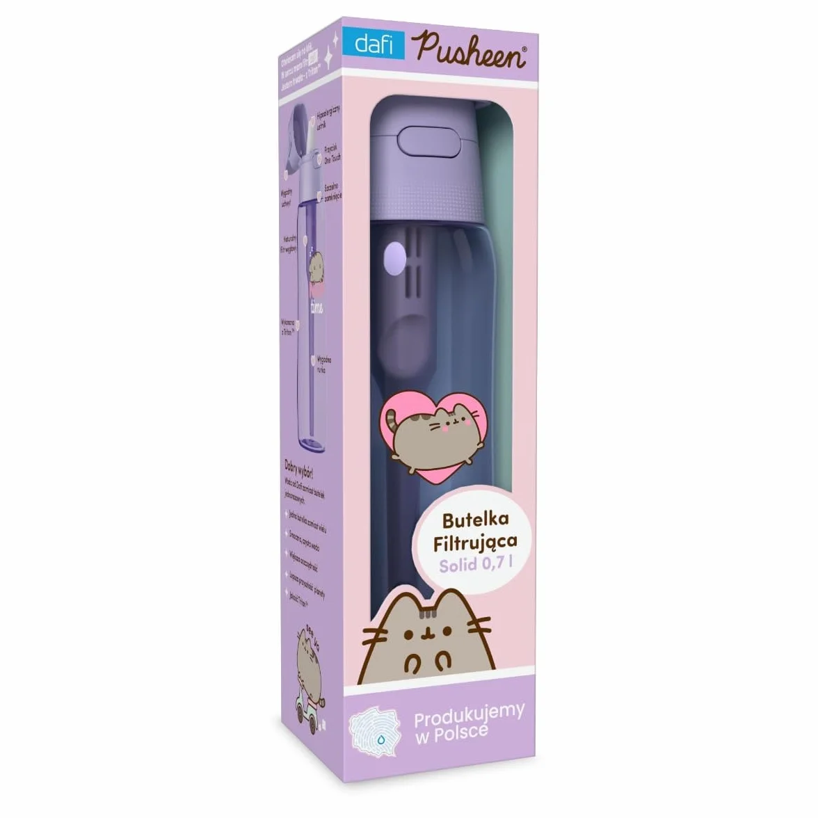 DAFI x PUSHEEN Butelka filtrująca Solid 0,7 l Lavender + 4 filtry węglowe - Wykonana z wytrzymałego Tritanu™, Bez BPA, Wyprodukowano w Polsce